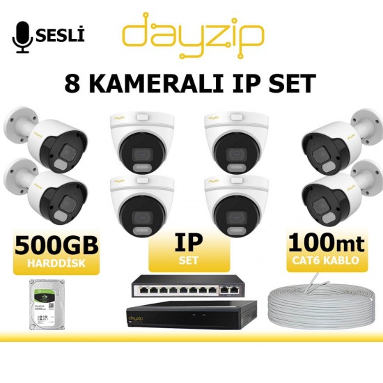 Dayzip 2MP 8 kamerali IP kamera seti sesli bullet dome PoE sistem